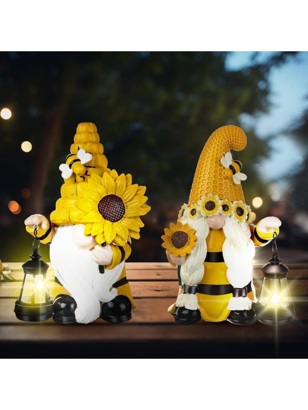 2 Pack Sunflower Bee Gnome Statues - Solar Lantern Lights for Garden Decor